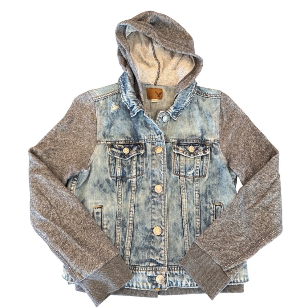 American Eagle Mixed Media Denim Jacket Gray Hooded Sleeves Acid Wash Womens M